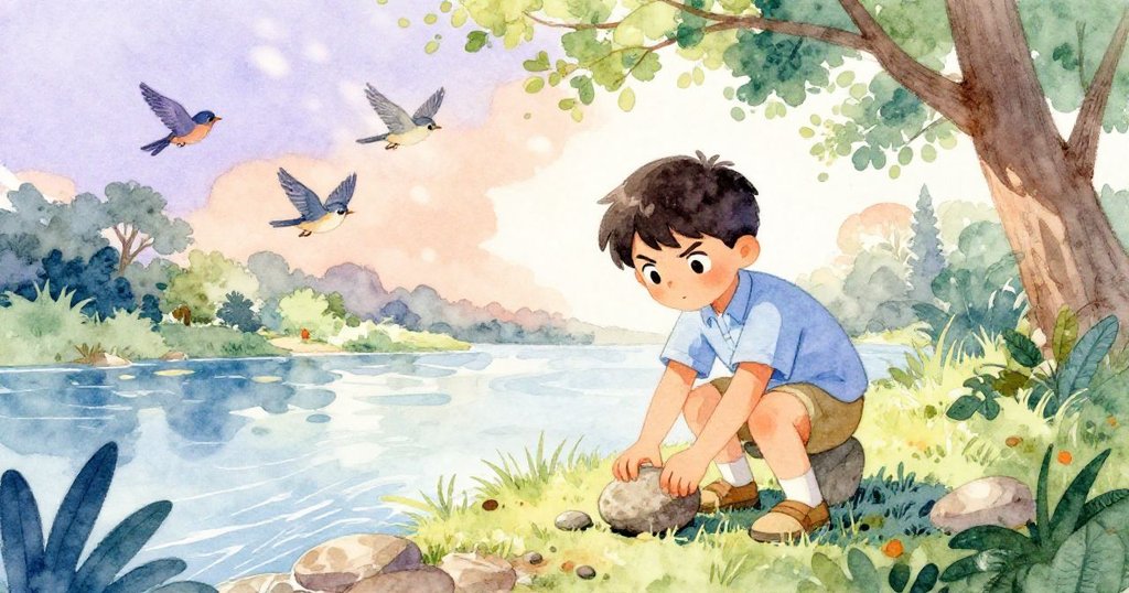 肯特在河邊拾起滑潤橢圓石頭，身旁小鳥盤旋，陽光灑落露出興奮表情，展現故事開篇情景。