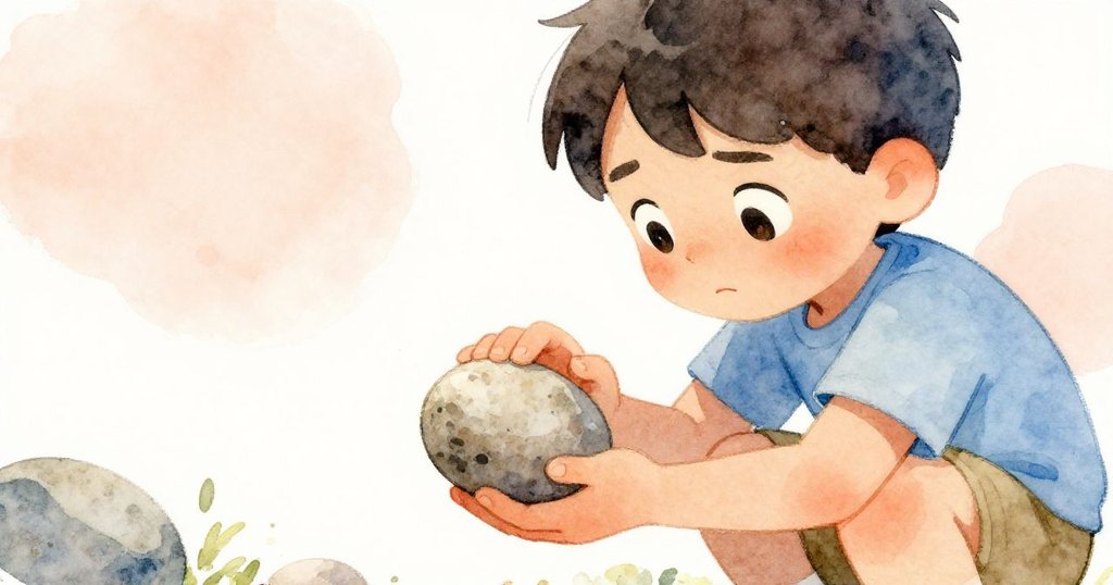 肯特專注觀察手中顆磨損橢圓石頭，臉上展露決心與細膩觸感，背景隱約呈現河畔景色。