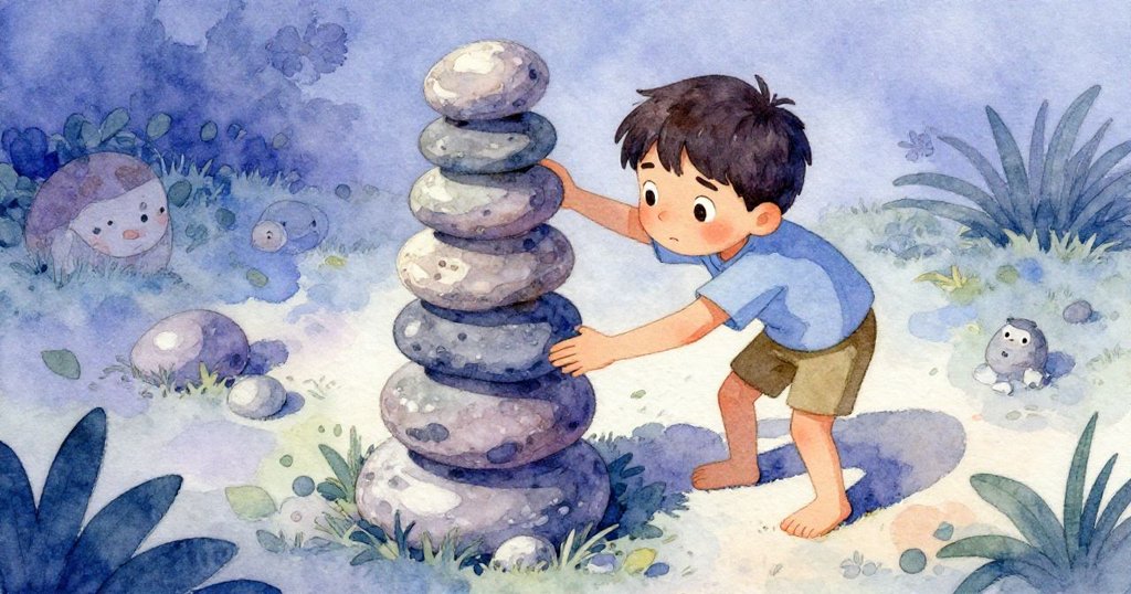 從高處俯瞰，肯特彎腰調整搖晃石塔，他專注且認真的神情展現平衡挑戰的細膩情感。