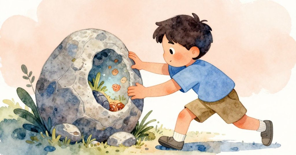 肯特低身小心旋轉石頭，手觸摸出隱藏紋理與粗糙細節，呈現出關鍵的調整瞬間與故事轉折。