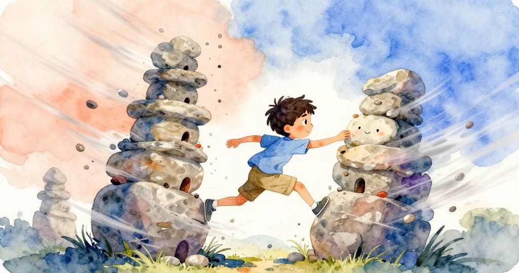 強風襲來，肯特奮力穩住搖晃石塔，石塊四散飛揚，他躍起身形充分展現動感與抗爭。