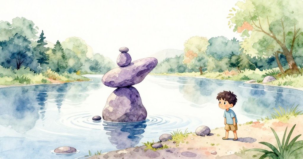 廣角遠景展現肯特站在河邊遠處，注視堅韌石塔及微小鵝卵石穩固支撐，滿含希望與平靜情懷，故事圓滿結局。