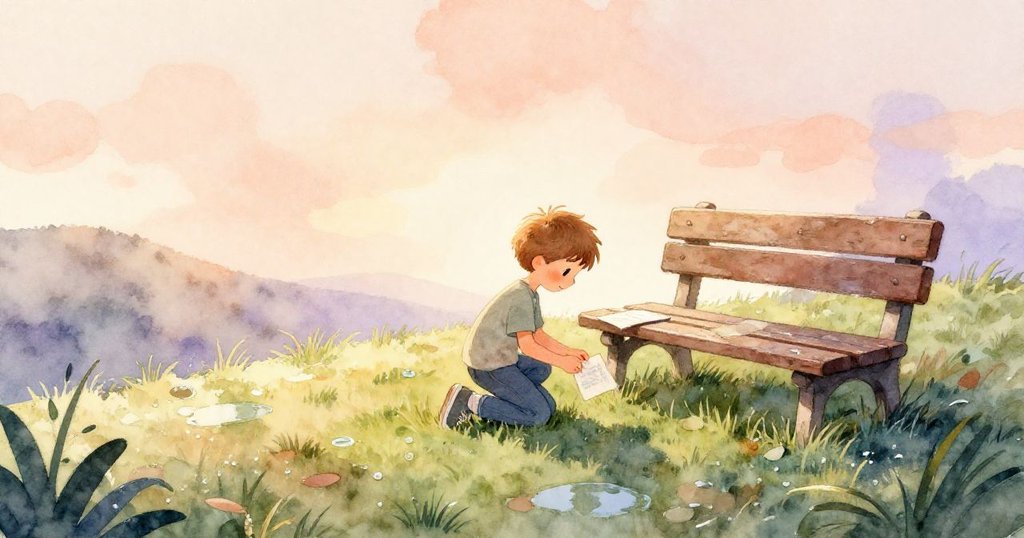 Wyatt在清晨的山坡上認真擺放紙飛機，濕潤草地反射陽光，他充滿專注與期待的表情。