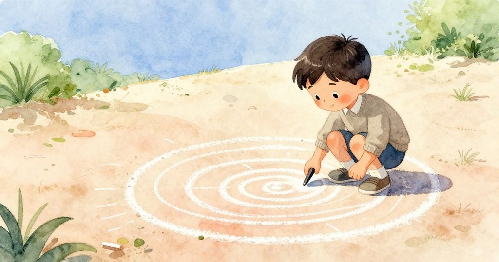 Oscar聚精會神地在山丘下用粉筆畫圓圈，新舊標記形成有趣對比，他動作專注且充滿創造力。