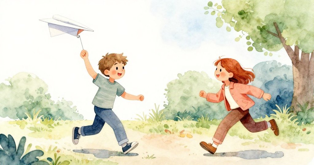 Wyatt正使勁投擲紙飛機，同時Nora急步奔向墜地的飛機，他們展現團結與活力於山丘間。