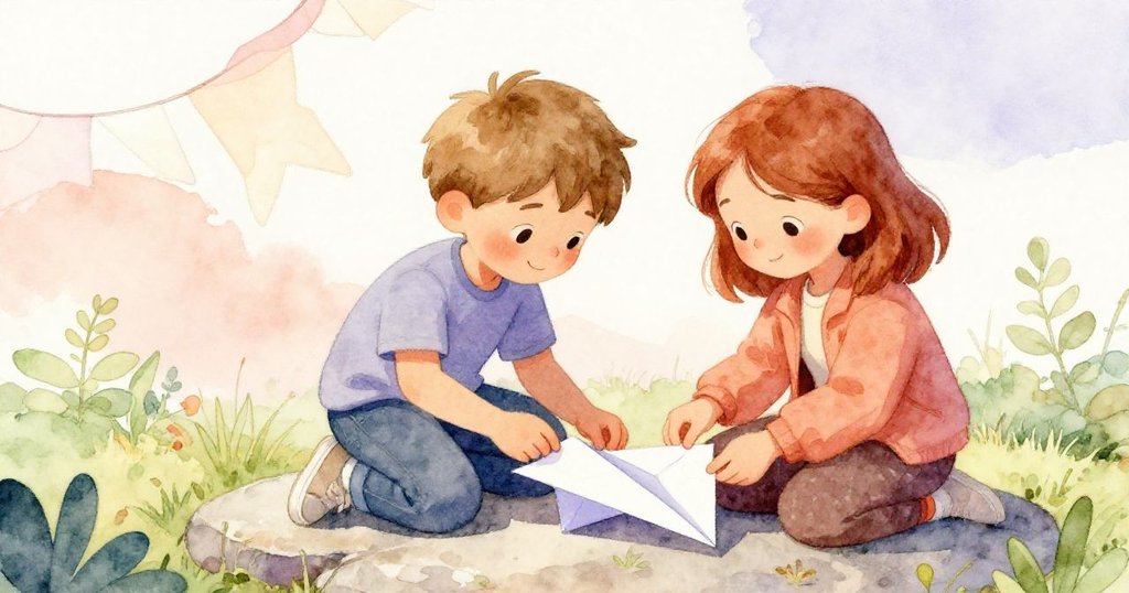 Wyatt與Nora在石板調整飛機，他們互相協助修補摺痕，背後輕飄的橫幅勾起回憶。