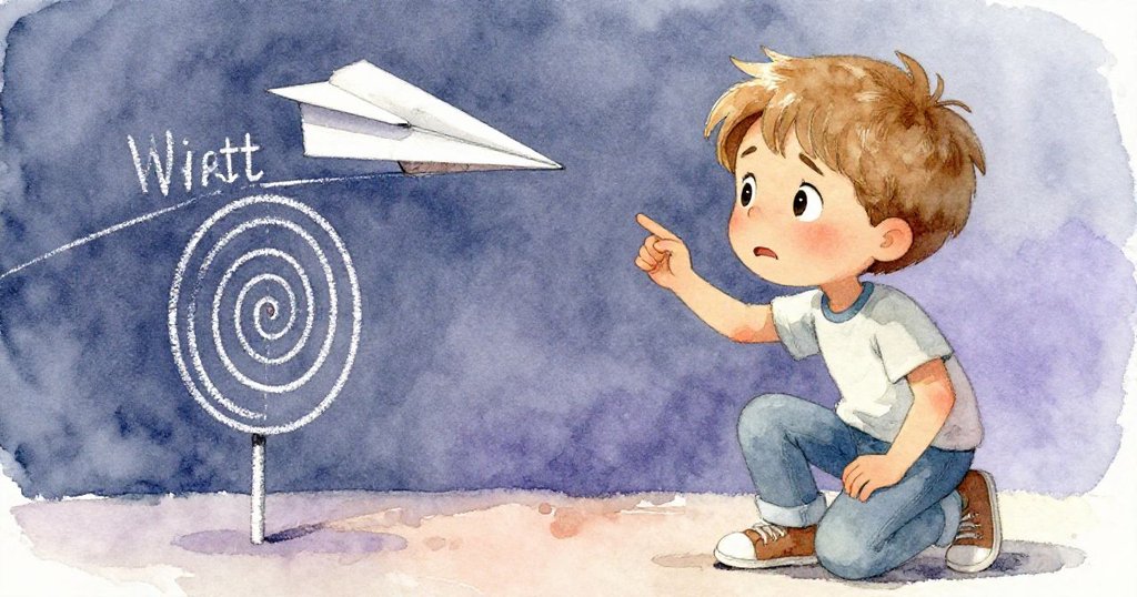 Wyatt凝視偏離目標的紙飛機，臉上流露出關切與堅定，背景有用粉筆畫的靶圈和濕潤草地。