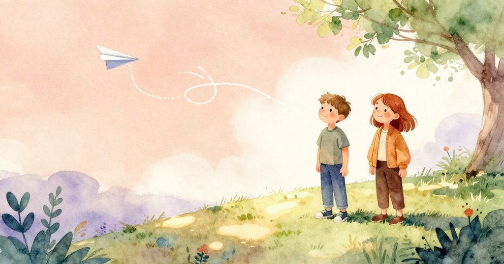 Wyatt與Nora在山頂靜謐時刻共享微笑，紙飛機輕盈入靶圈，粉筆飛揚在柔和光影中結束冒險。