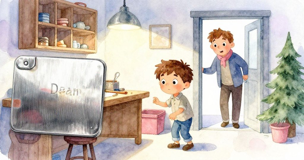 迪恩和家長走入溫暖工坊,光影交錯中迪恩伸手觸向閃亮票夾,場景充滿期待與驚奇。