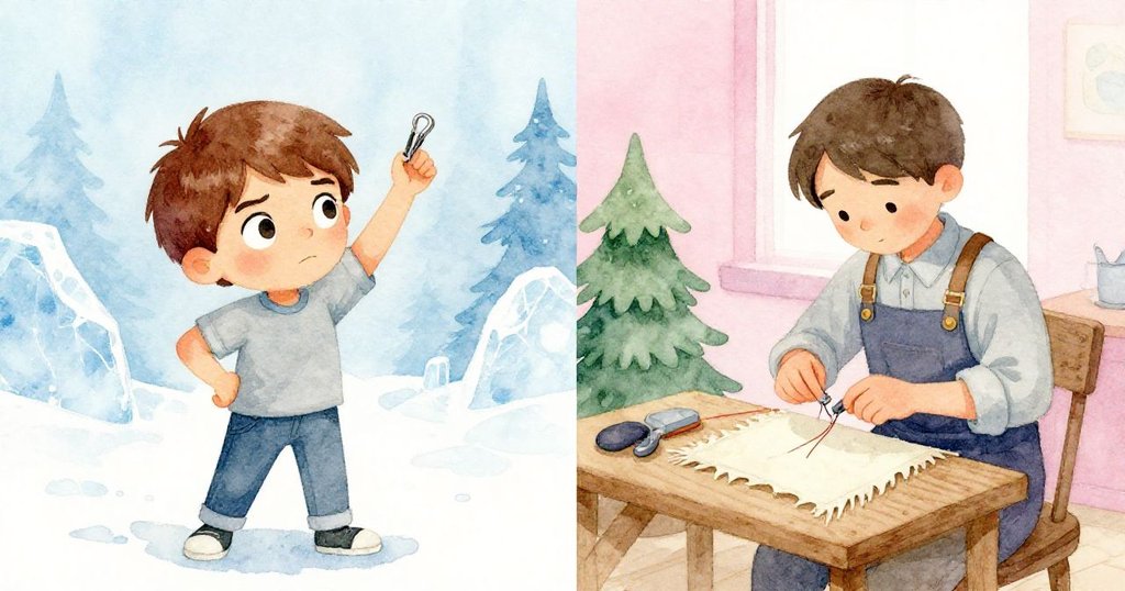 左側迪恩努力伸手觸碰隱蔽位置票夾,右側師傅專注縫合,兩個場景構成故事發展關鍵時刻。