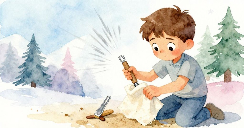 迪恩專注綁製臨時工具,工具推動票夾微微上升,畫面充滿動感與專注張力。