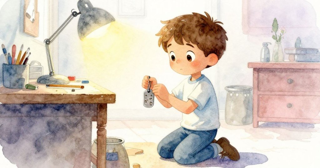 迪恩安靜蹲坐於櫃台邊,輕撫恢復票夾,臉上露出寧靜滿足神情,旁邊工坊依然忙碌。