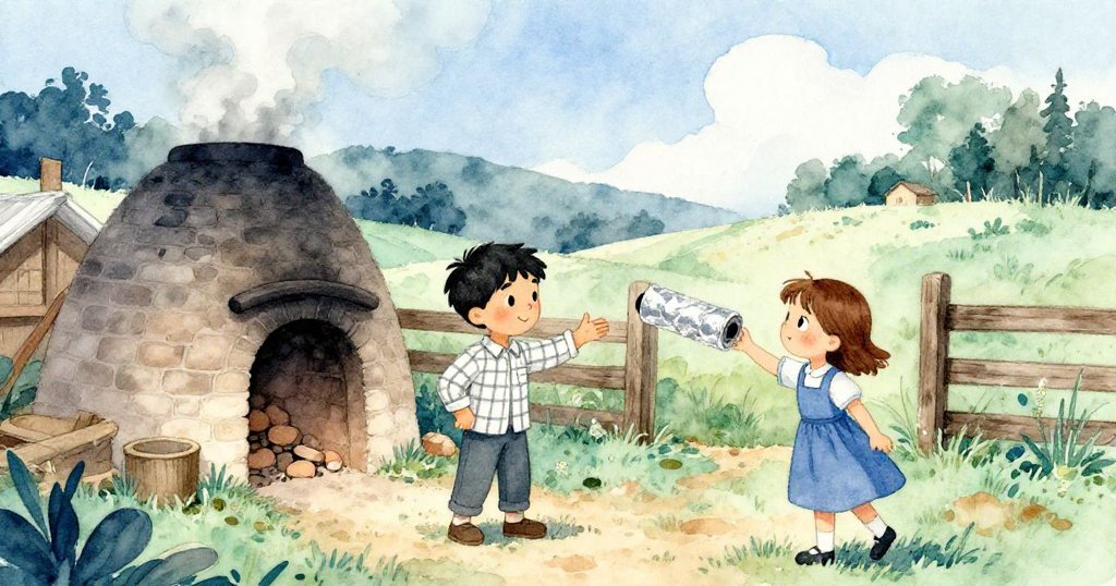 拉斐呼喚薩拉傳遞鋁箔,薩拉好奇走向發蒸汽的土窯入口,場景溫暖而生動,充滿鄉村氣息