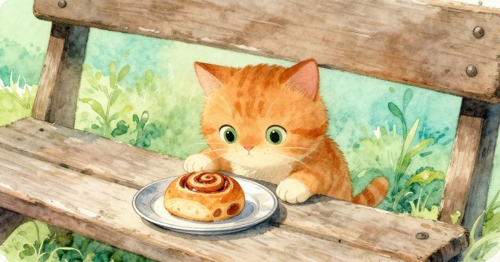 農場小貓靜靜爬上木製長凳,專注注視著放在錫盤上的肉桂捲,場景充滿鄉村質樸氣息