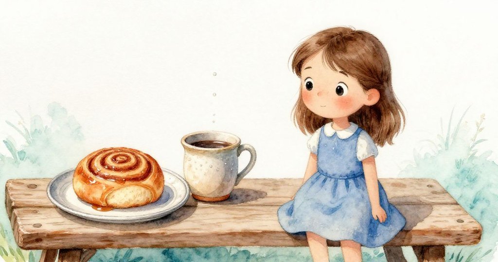 薩拉走向木製長凳,上面整齊擺放著錫盤、肉桂捲和石器啤酒杯,場景溫柔而細緻,充滿期待