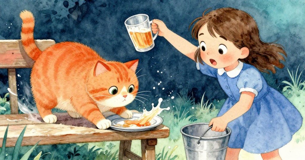 小貓輕輕推動錫盤,啤酒杯傾倒濺出蘋果醋,薩拉驚訝伸手穩住傾斜的桶,動感場面展現細節