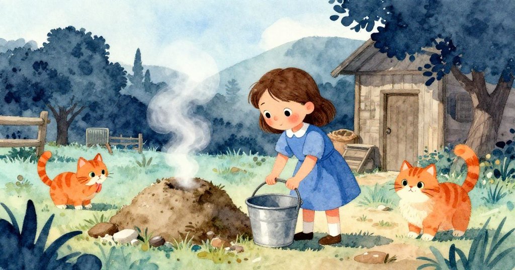 薩拉平靜地穩住桶旁修補的土堆,蒸汽輕柔上升,小貓後退舔毛,黃昏光芒灑落場景恢復寧靜