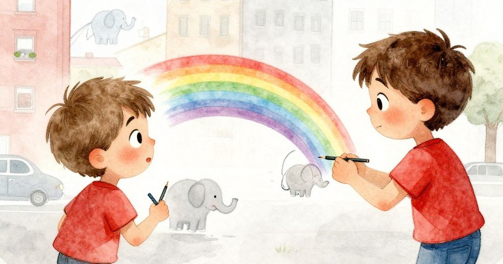 從後方看見Felix專注描繪筆記本上彩虹線條，筆觸由模糊變清晰，意外形成大象輪廓，展露專注與創意。