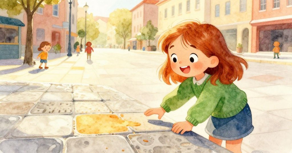 Greta在廣場角落中觸摸石板，感受溫差並露出愉快笑容，溫暖陽光照射下石板質感清晰。