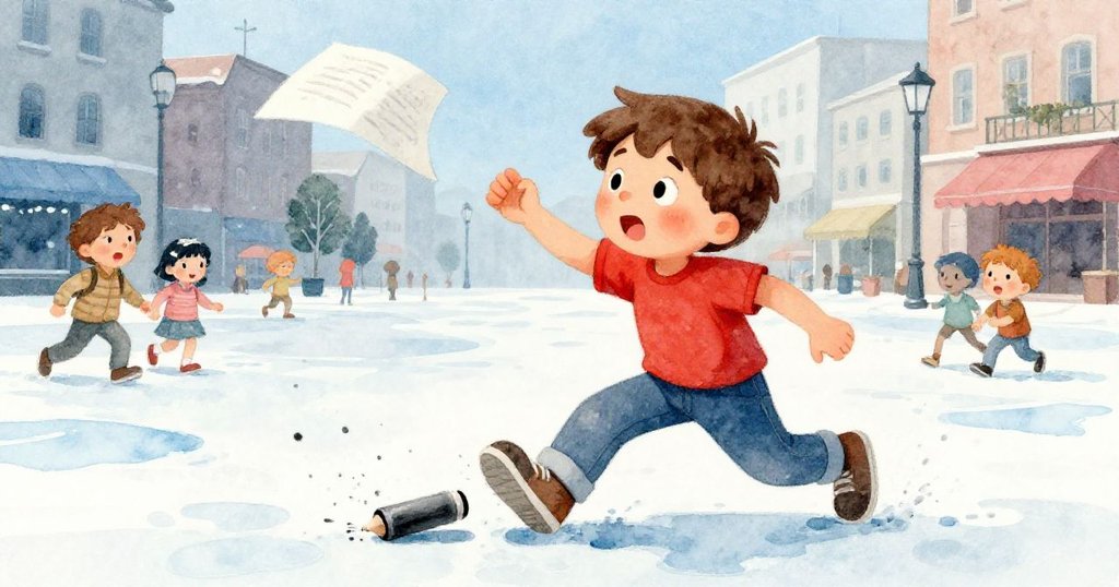 Felix驚訝間彎腰撿起從長椅下被風吹飛落在鞋上的石墨筆，瞬間動作定格於繁忙城市中。