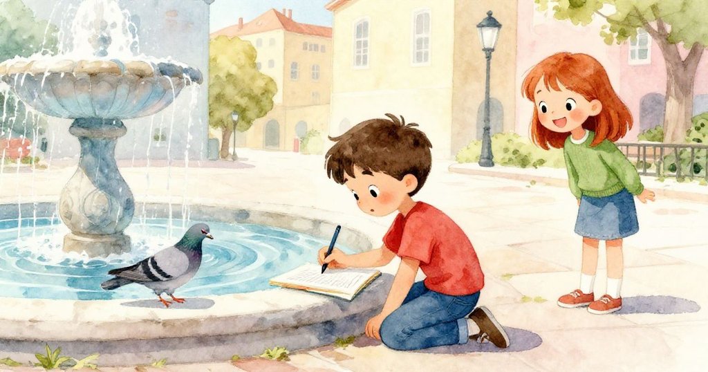 Felix在噴泉邊安靜作畫，重新創作清晰彩虹線條，旁邊Greta靜靜觀望，一隻鴿子輕啄水面，故事充滿延續希望。