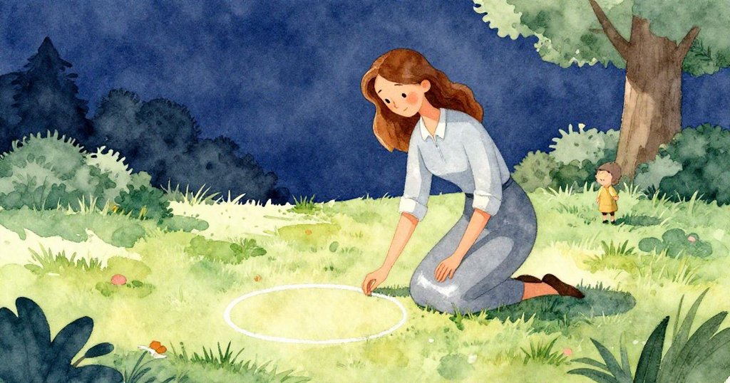 教師在陽光草地上用粉筆完成圈，邁出探索知識的第一步，充滿期待與溫暖。