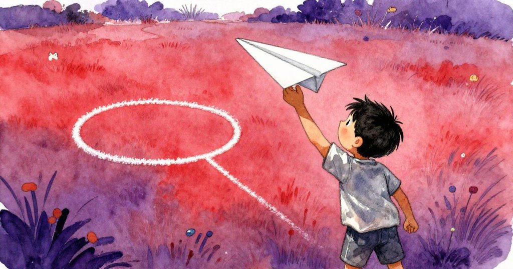 Leander從視角出發，釋放精心摺好的飛機，遠處粉筆圈昭示挑戰，展現出堅定與勇氣。