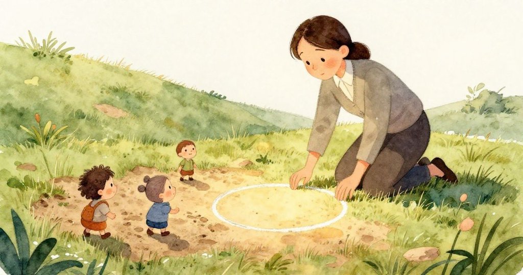 摺紙飛機穿越粉筆圈，滑過纖細柏樹與石屋，營造出神秘且和諧的過渡空間。