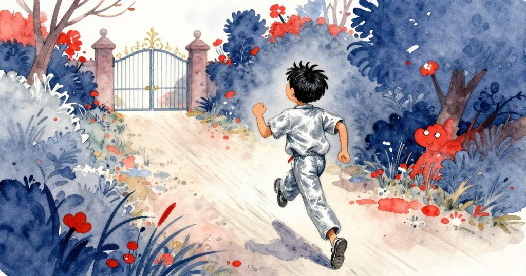 Leander在下坡路上奔向遠處大門，充滿決心和喜悅，動感畫面展現奮進的力量。