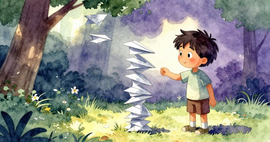 Owen在陰涼角落輕整摺紙飛機，神情平靜滿足，象徵著冒險後的最後寧靜時光。