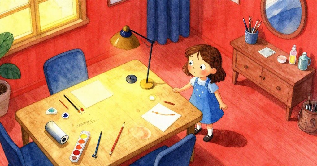 Cora 踏入溫馨工坊,從上方俯瞰桌上油墨器具及散落工具,展現創作冒險開端,場景明亮富有期待。