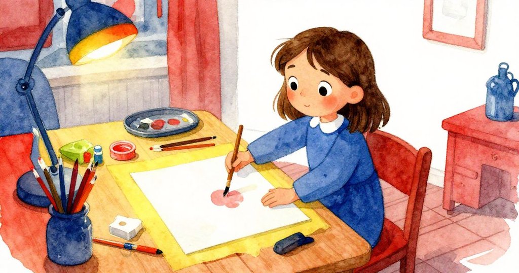 Cora 的腳步急速滑入濕報紙上的座位,展現緊湊動作與期待,工坊內氛圍溫馨且充滿忙碌情緒。