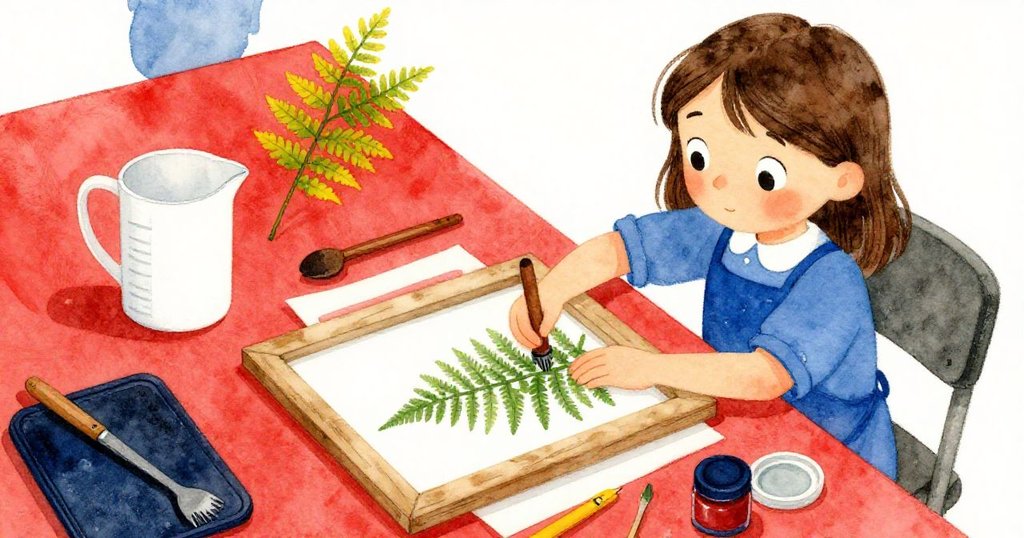 在層次豐富的工桌上,Cora 正細心壓印新蕨葉,桌上打印框、油墨墊與量杯交錯呈現創作過程。