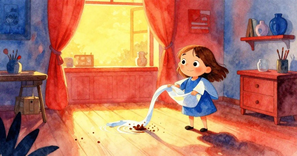 Cora 注視窗外金色斜陽,地板上水流攜帶油墨點,場景寧靜收尾,展現創作後的平和與思索。