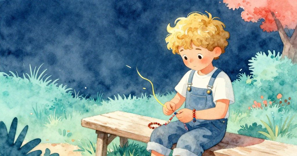 托比亞斯在戶外板凳上仔細編織手鐲，微風吹動黃色線條，環境陽光明媚充滿微妙不安情緒。