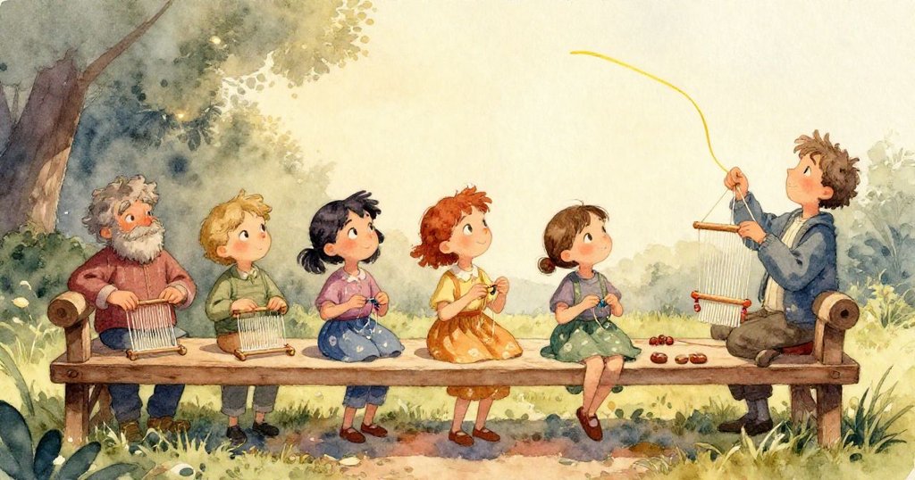 陽光下的板凳邊落滿塵埃，光影柔和中顯示著之前動盪後的平靜，環境寧靜而溫暖。