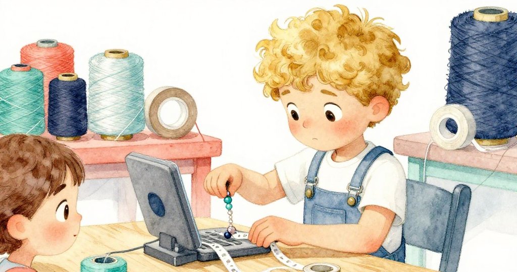 托比亞斯專注操作步數器，輕輕震落玻璃珠並貼在膠帶上，歐珀爾在旁展現驚喜與欣慰。