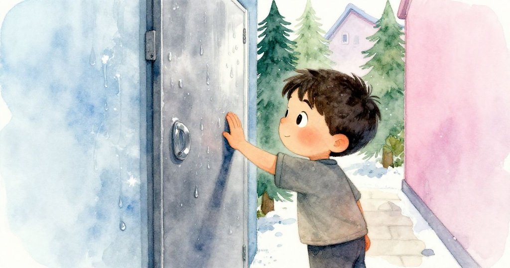 Reed在狹窄走廊中用力按壓潮濕金屬面板,凝露映出戲劇光影,面帶專注神情,背景呈現冰藍與銀灰色調。