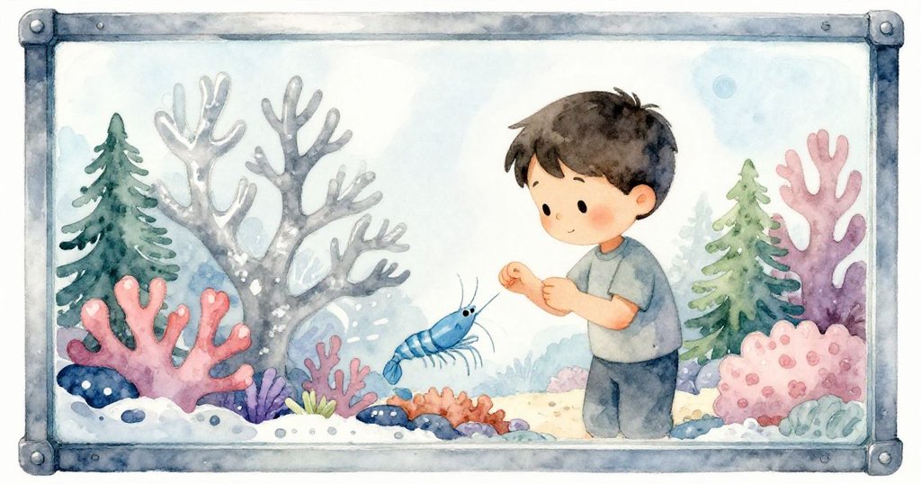 Reed聚焦於玻璃後鮮明藍蝦與樹枝狀珊瑚,金屬框和有機生物形成強烈對比,表情專注且充滿好奇。