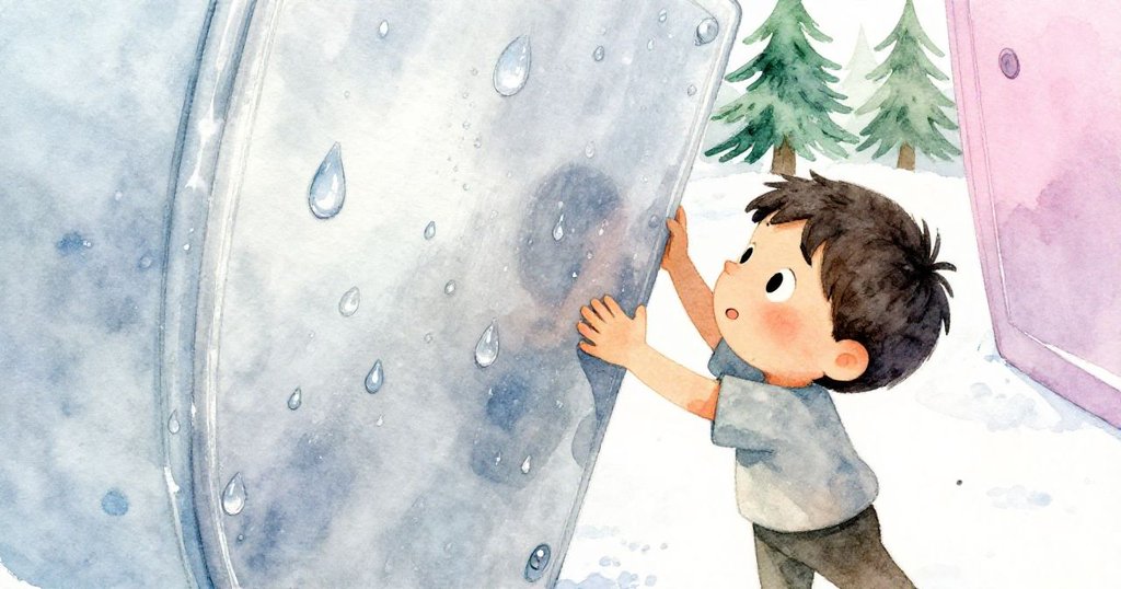 Reed努力掀起金屬面板,扭曲鏡頭下露珠閃爍,手部緊握充滿緊張感,場景細節展現冰藍與銀灰色調。