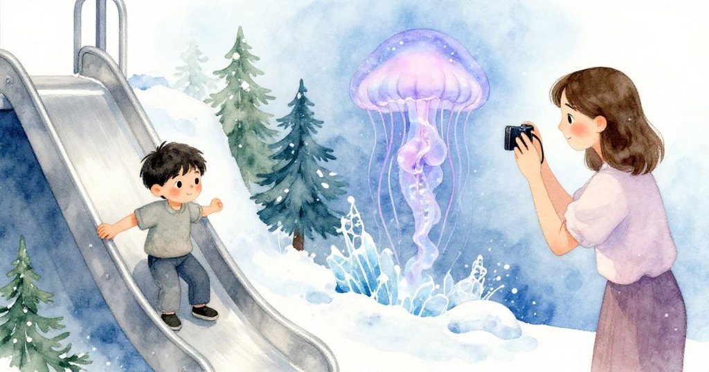 Reed穩住滑動面板,另一邊母親驚嘆紫色水母柱,兩種現實交融,情感豐富且充滿光影對比。