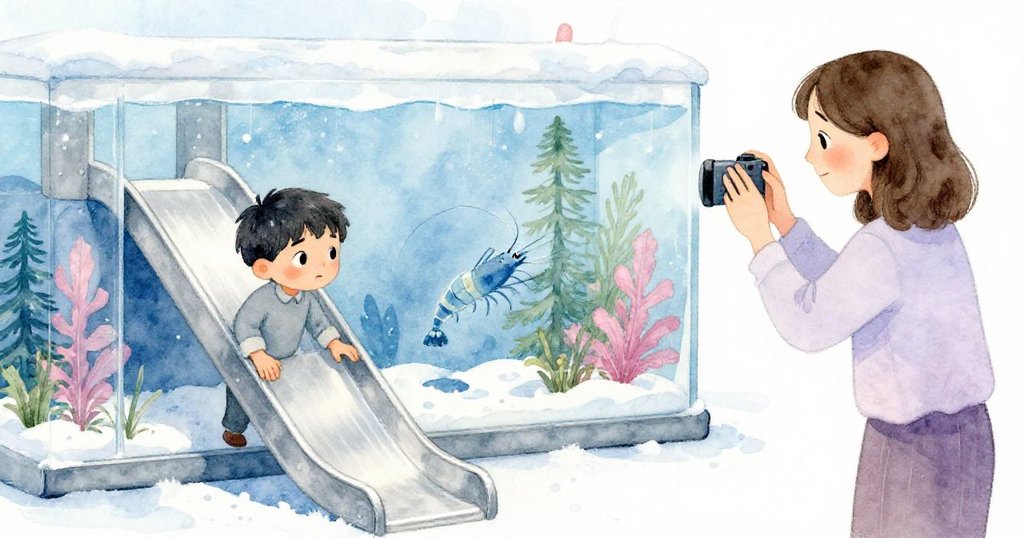 Reed穩定按住剛鎖定位置的面板,母親用相機捕捉藍蝦瞬間,緊張與喜悅交織,場景充滿精細細節。