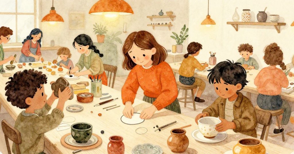 Unity聚精會神地壓著彎曲線圈，Vivian巧妙托起沾醬玉米，背景中忙碌的人群和工作桌展現節慶手作氛圍。