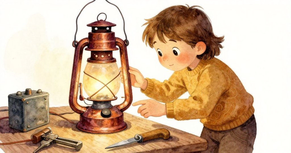 Unity仔細檢查一盞老舊燈籠，燈內扭曲電線與小電池顯出歷史痕跡，溫暖手作工作台上散落著復古工具。
