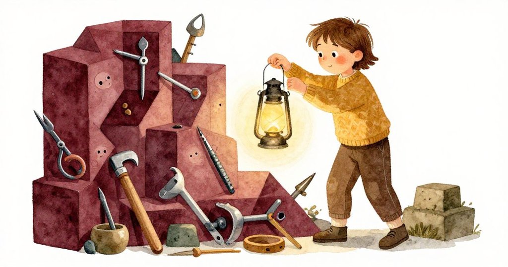 Unity彎身調整燈籠，桌上各式工具與裝飾擺出奇異幾何，空間中充滿夢幻而神秘的排列。