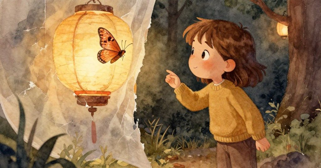 Unity凝視燈籠內困住的飛蛾，飛蛾輕拍翅膀顯詩意，溫暖燈光下充滿神秘與留白。