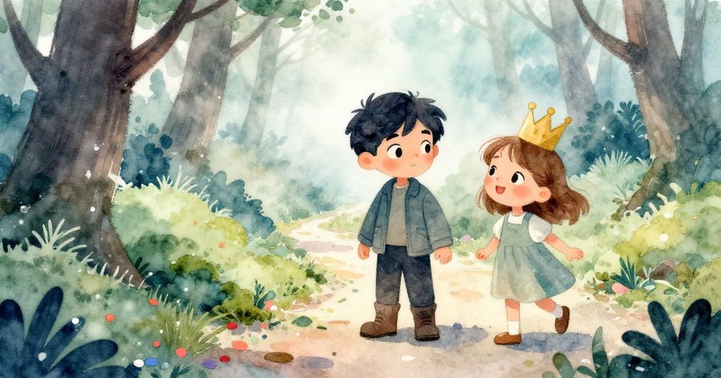 Ned 與 Darla 在濃霧森林中冒險，地面散落著彩紙，他們充滿好奇與期待，開始美好的一天