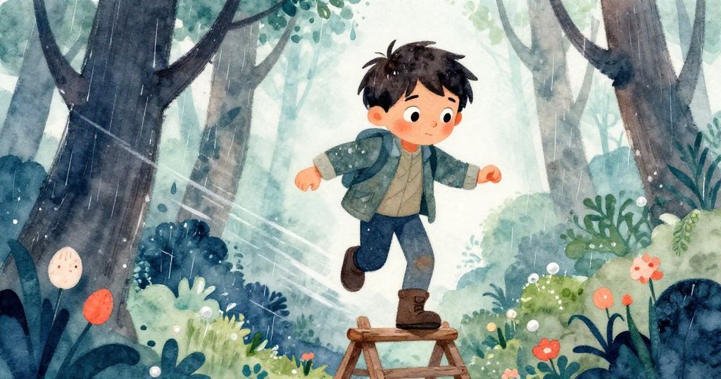 Ned 積極踏上新搭的梯子，雨滴隨風飛舞，展現出冒險中的動感與堅定