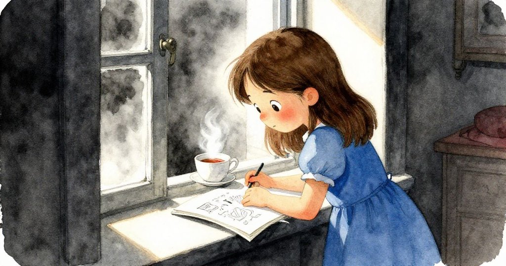 Dina 倚窗參考草圖，旁邊茶杯冒蒸氣，溫馨房間內創作氣氛濃郁，細膩呈現專注神情