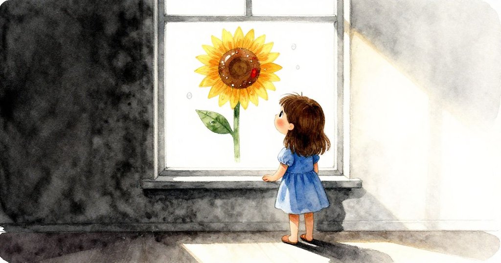 Dina 站在窗前欣賞完成向日葵圖案，水珠如液態種子灑落窗上，眼神中流露希望與滿足